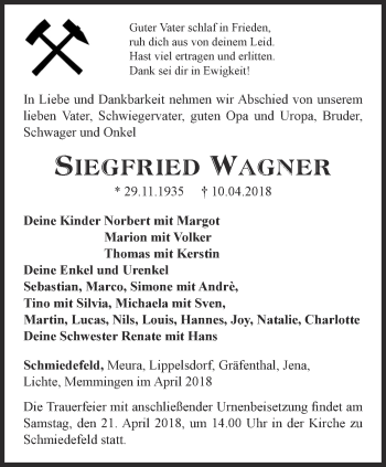 Traueranzeige von Siegfried Wagner von Ostthüringer Zeitung