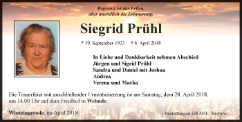 Traueranzeige von Siegrid Prühl von Thüringer Allgemeine