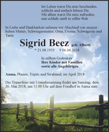 Traueranzeige von Sigrid Beez von Ostthüringer Zeitung