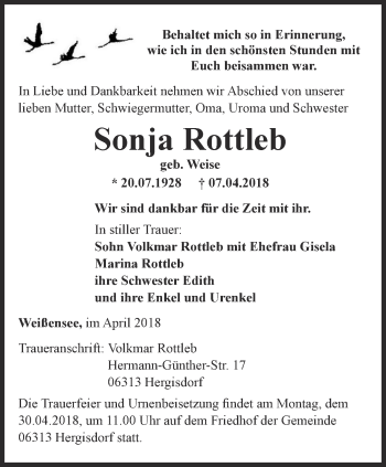 Traueranzeige von Sonja Rottleb von Thüringer Allgemeine