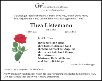 Traueranzeige von Thea Listemann von Thüringer Allgemeine, Thüringische Landeszeitung