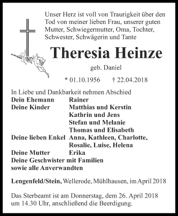 Traueranzeige von Theresia Heinze von Thüringer Allgemeine, Thüringische Landeszeitung
