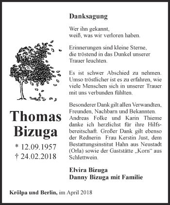 Traueranzeige von Thomas Bizuga