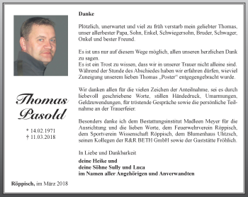 Traueranzeige von Thomas Pasold von Ostthüringer Zeitung