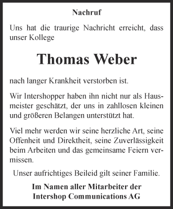 Traueranzeige von Thomas Weber von Ostthüringer Zeitung, Thüringische Landeszeitung