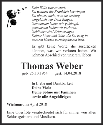 Traueranzeige von Thomas Weber von Ostthüringer Zeitung, Thüringische Landeszeitung