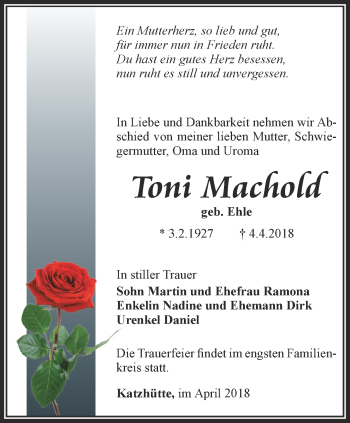 Traueranzeige von Toni Machold von Ostthüringer Zeitung