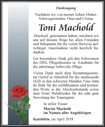 Traueranzeige von Toni Machold von Ostthüringer Zeitung