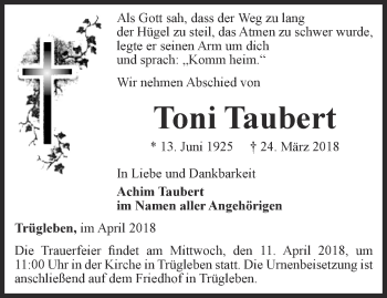 Traueranzeige von Toni Taubert von Ostthüringer Zeitung, Thüringische Landeszeitung