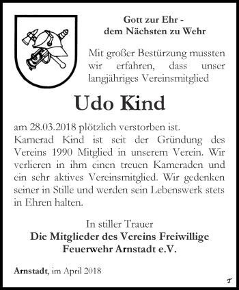 Traueranzeige von Udo Kind von Thüringer Allgemeine