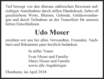 Traueranzeige von Udo Moser von Ostthüringer Zeitung, Thüringische Landeszeitung