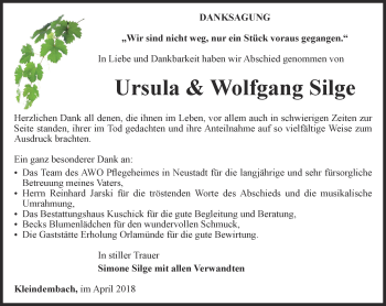 Traueranzeige von Ursula & Wolfgang Silge von Ostthüringer Zeitung