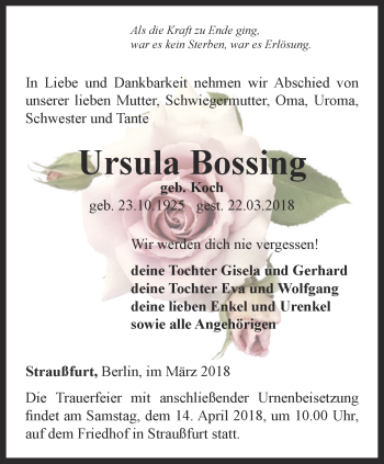 Traueranzeige von Ursula Bossing von Thüringer Allgemeine