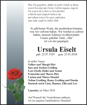 Traueranzeige von Ursula Eiselt von Ostthüringer Zeitung