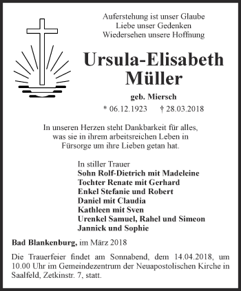 Traueranzeige von Ursula-Elisabeth Müller von Ostthüringer Zeitung