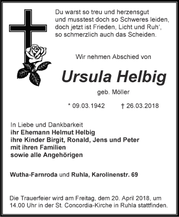 Traueranzeige von Ursula Helbig von Thüringer Allgemeine, Thüringische Landeszeitung