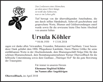 Traueranzeige von Ursula Köhler von Ostthüringer Zeitung