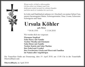 Traueranzeige von Ursula Köhler von Ostthüringer Zeitung