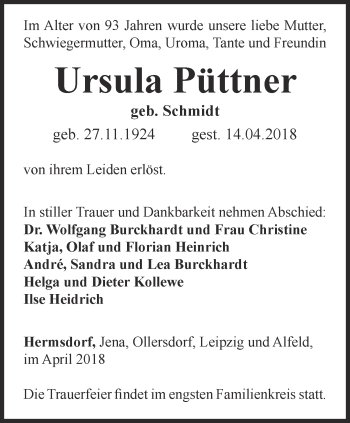 Traueranzeige von Ursula Püttner von Ostthüringer Zeitung