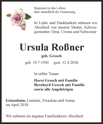 Traueranzeige von Ursula Roßner von Ostthüringer Zeitung