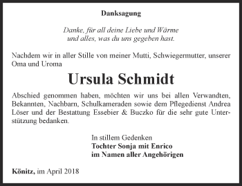 Traueranzeige von Ursula Schmidt von Ostthüringer Zeitung