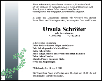 Traueranzeige von Ursula Schröter von Thüringer Allgemeine, Thüringische Landeszeitung