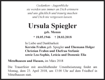 Traueranzeige von Ursula Spiegler von Thüringer Allgemeine, Thüringische Landeszeitung