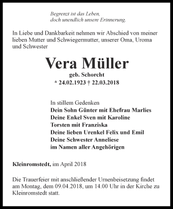 Traueranzeige von Vera Müller von Thüringer Allgemeine, Thüringische Landeszeitung