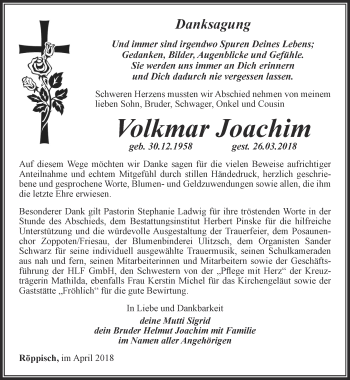 Traueranzeige von Volkmar Joachim von Ostthüringer Zeitung