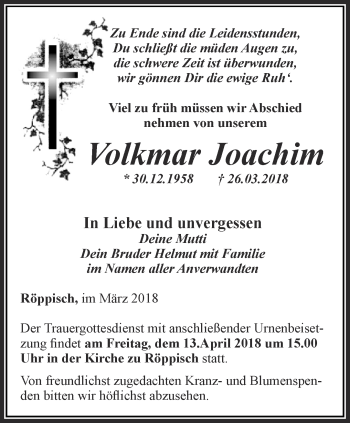 Traueranzeige von Volkmar Joachim von Ostthüringer Zeitung