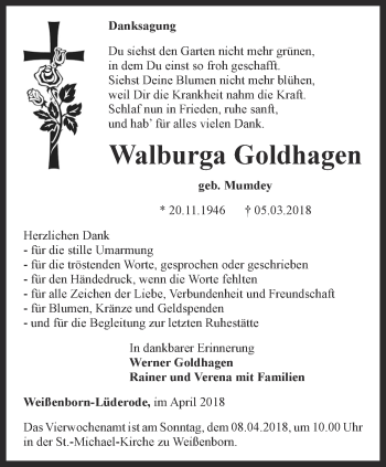 Traueranzeige von Walburga Goldhagen von Thüringer Allgemeine