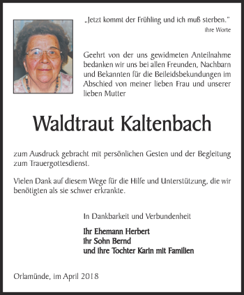 Traueranzeige von Waldtraut Kaltenbach von Ostthüringer Zeitung, Thüringische Landeszeitung