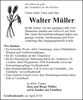 Traueranzeige von Walter Müller von Thüringer Allgemeine, Thüringische Landeszeitung