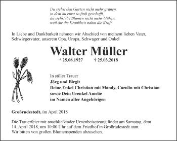 Traueranzeige von Walter Müller von Thüringer Allgemeine, Thüringische Landeszeitung