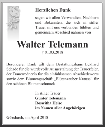 Traueranzeige von Walter Telemann von Thüringer Allgemeine