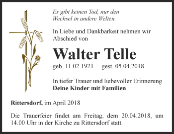 Traueranzeige von Walter Telle von Thüringer Allgemeine, Thüringische Landeszeitung