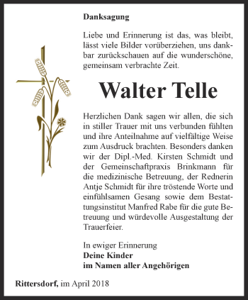 Traueranzeige von Walter Telle von Thüringer Allgemeine, Thüringische Landeszeitung