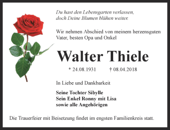 Traueranzeige von Walter Thiele von Thüringer Allgemeine