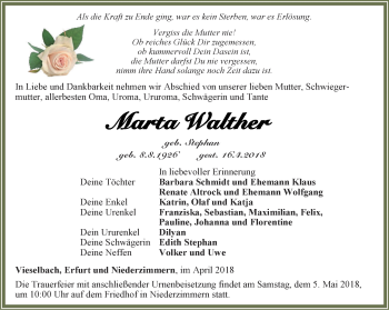 Traueranzeige von Walther Marta von Thüringer Allgemeine, Thüringische Landeszeitung