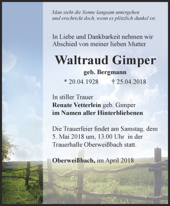 Traueranzeige von Waltraud Gimper von Ostthüringer Zeitung