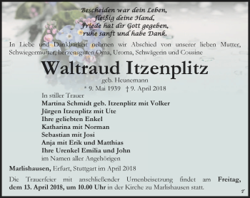 Traueranzeige von Waltraud Itzenplitz von Thüringer Allgemeine