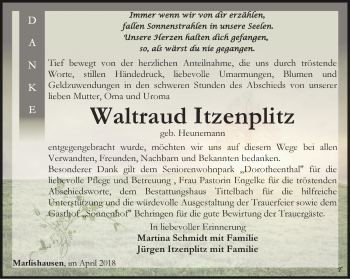 Traueranzeige von Waltraud Itzenplitz von Thüringer Allgemeine