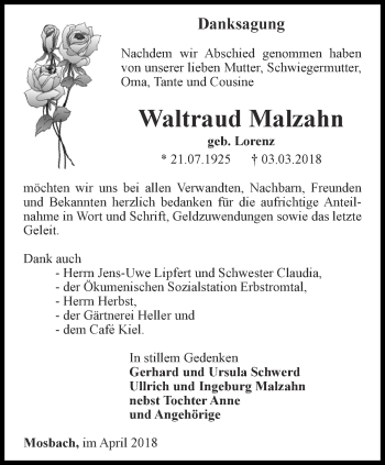 Traueranzeige von Waltraud Malzahn von Thüringer Allgemeine, Thüringische Landeszeitung