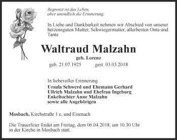 Traueranzeige von Waltraud Malzahn von Thüringer Allgemeine, Thüringische Landeszeitung