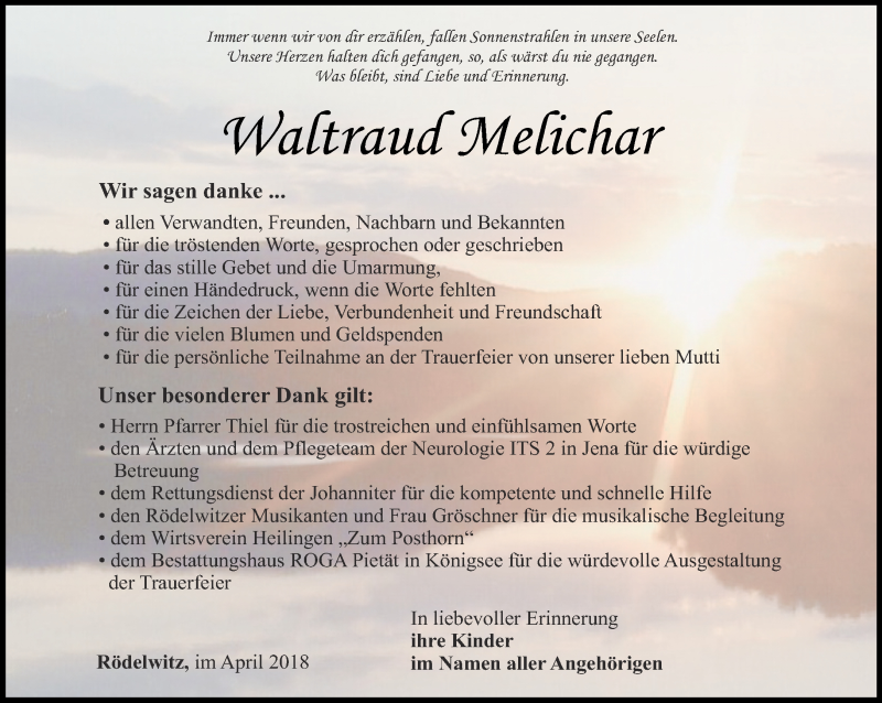  Traueranzeige für Waltraud Melichar vom 07.04.2018 aus Ostthüringer Zeitung