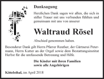 Traueranzeige von Waltraud Rösel von Thüringer Allgemeine, Thüringische Landeszeitung