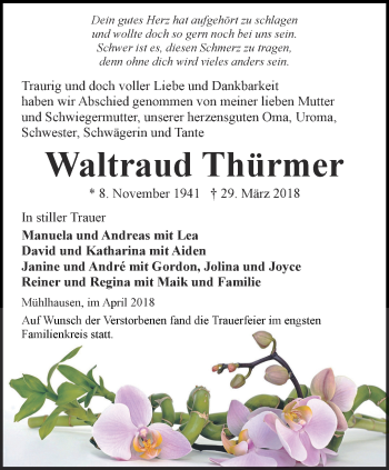 Traueranzeige von Waltraud Thürmer von Thüringer Allgemeine, Thüringische Landeszeitung