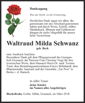 Traueranzeige von Waltraud Milda Schwanz von Thüringer Allgemeine, Thüringische Landeszeitung