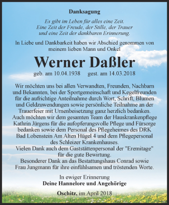 Traueranzeige von Werner Daßler von Ostthüringer Zeitung