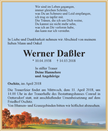 Traueranzeige von Werner Daßler von Ostthüringer Zeitung